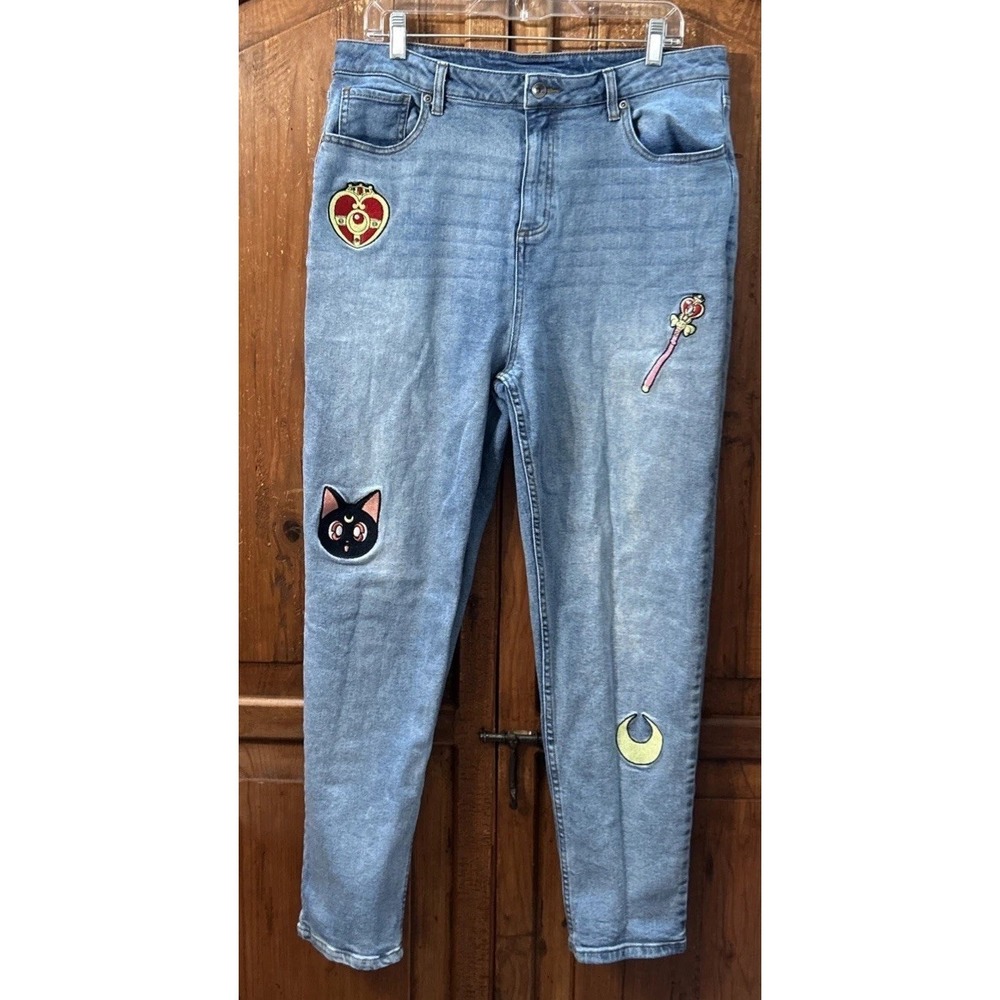 Women's Hot Topic Sailor Moon Jeans Patches All Over Sz 15 NO Pilling 28" Ins